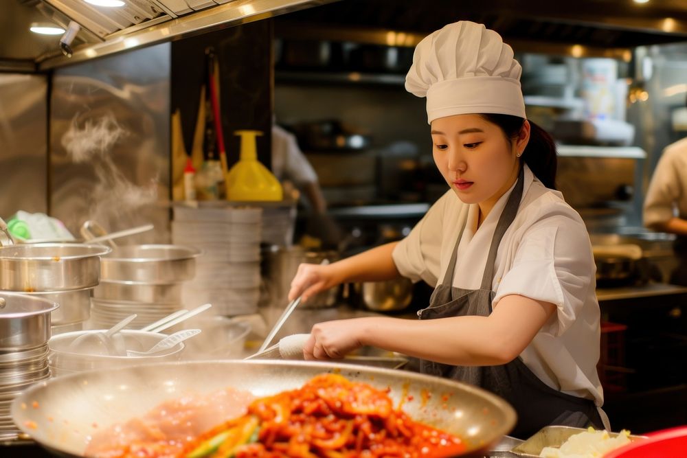 Female Korean chef working in the kitchen cooking food concentration.