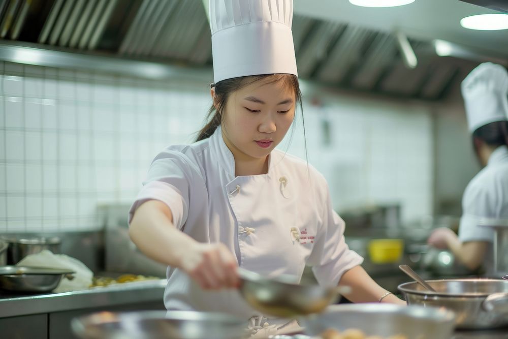 Female Mongolian chef working in the kitchen concentration accessories restaurant.