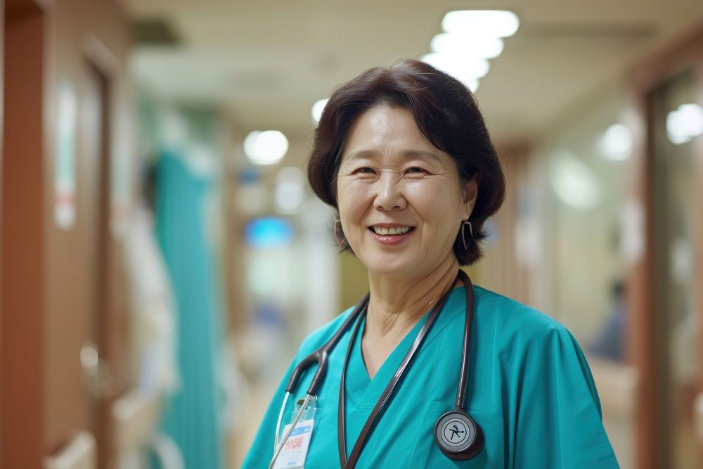 Korea working nurse at hospital adult architecture stethoscope.