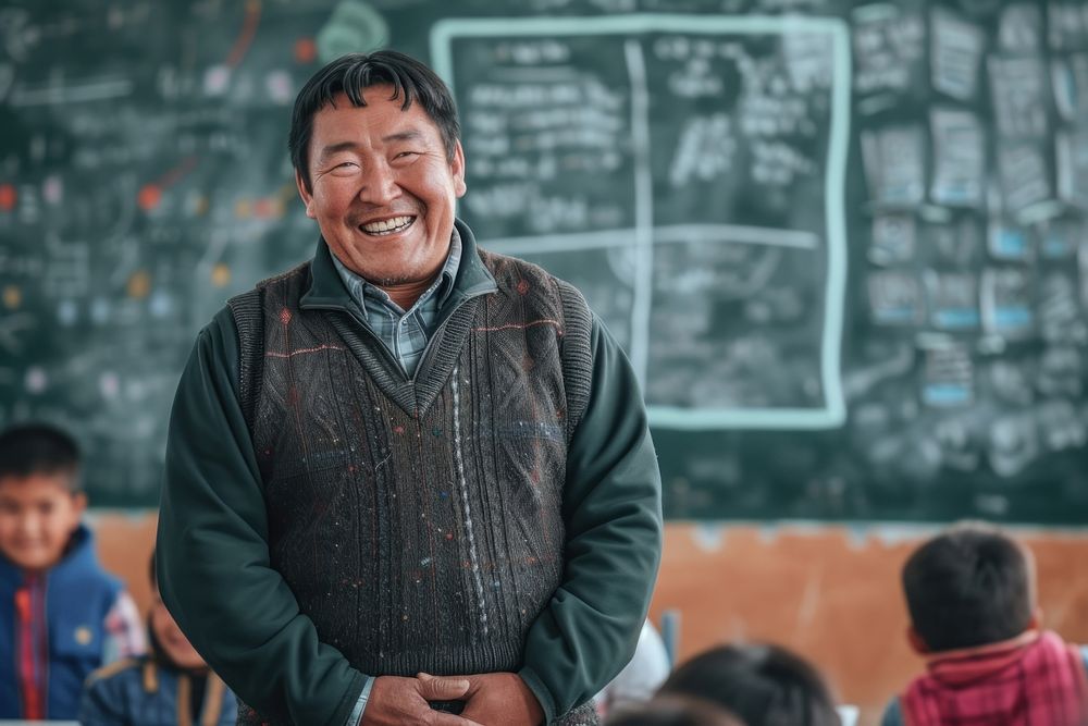 Mongolia teacher teaching a classroom of students blackboard adult smile.
