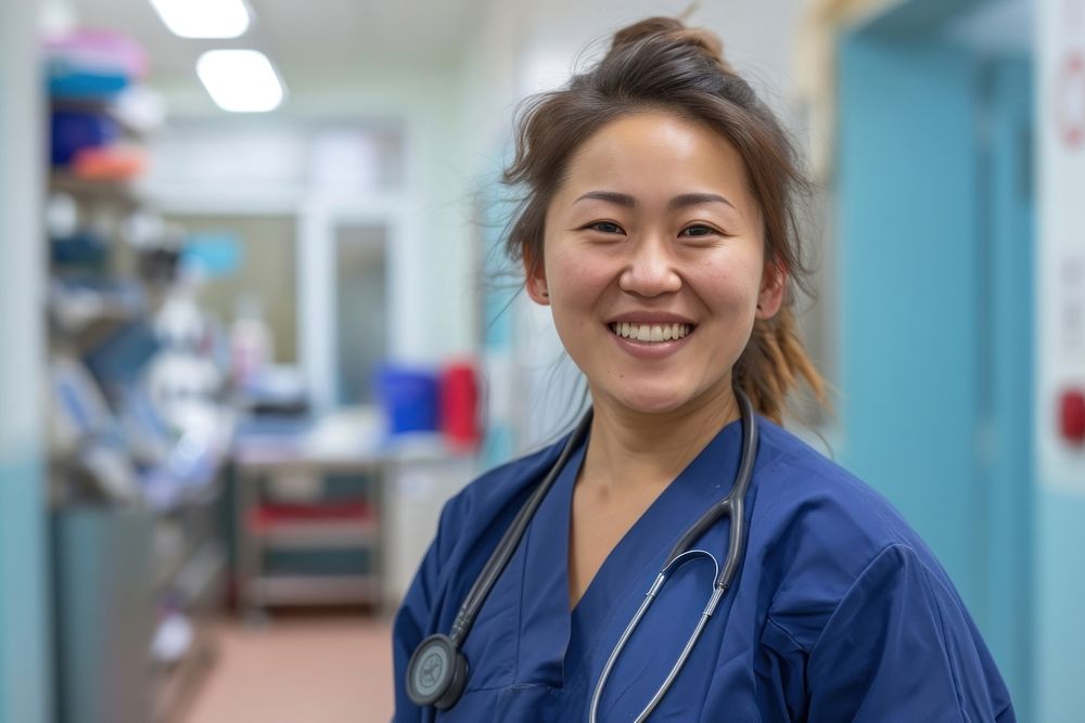 Mongolia working nurse at hospital adult stethoscope protection.