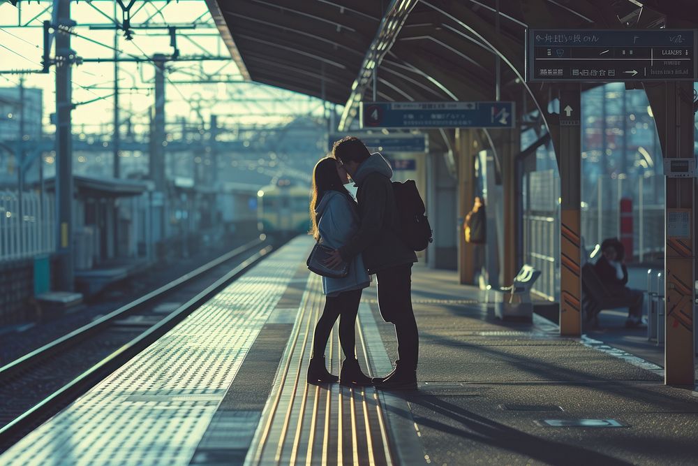 Japanese teenager couple train station kissing.