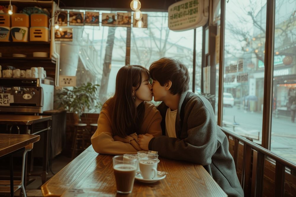 Photo of Japanese teenager couple kissing cafe architecture restaurant.