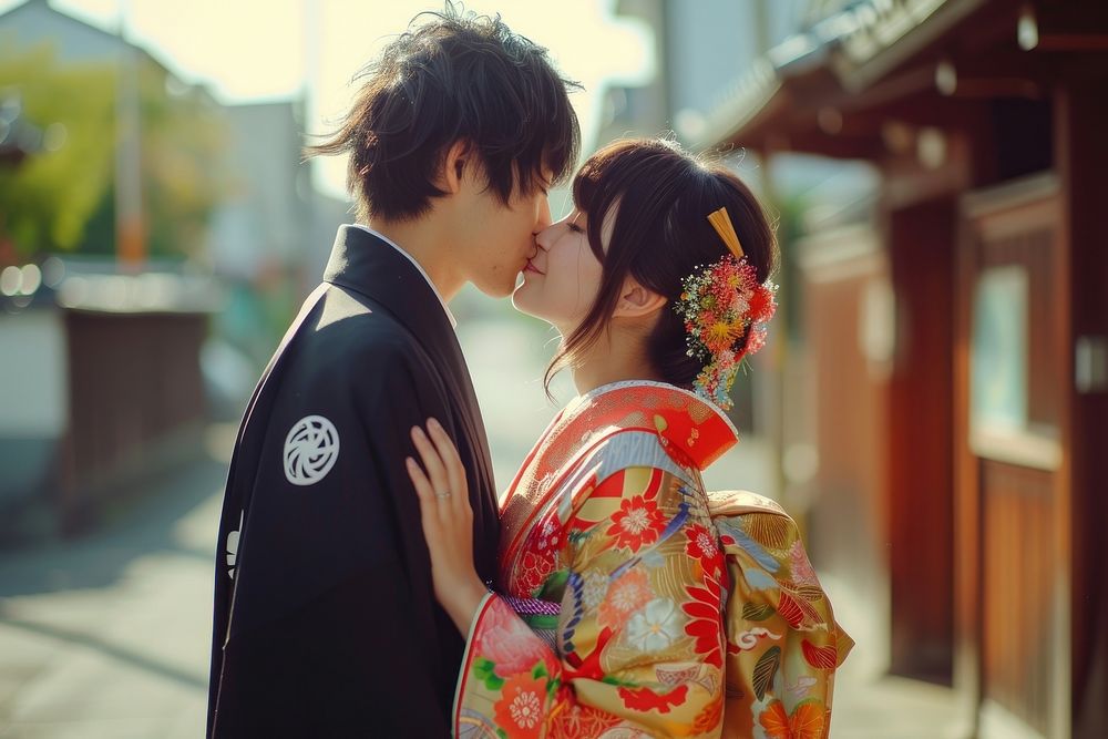 Photo of Japanese teenager couple kissing portrait wedding adult.