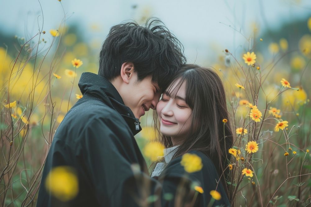 Photo of Japanese teenager couple outdoors portrait flower.