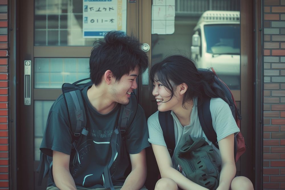 Japanese teenager couple portrait happy photo.