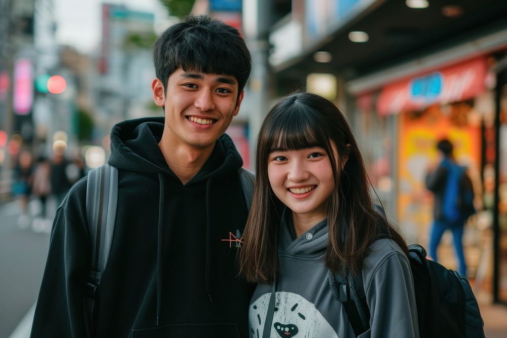 Japanese teenager couple portrait adult smile.