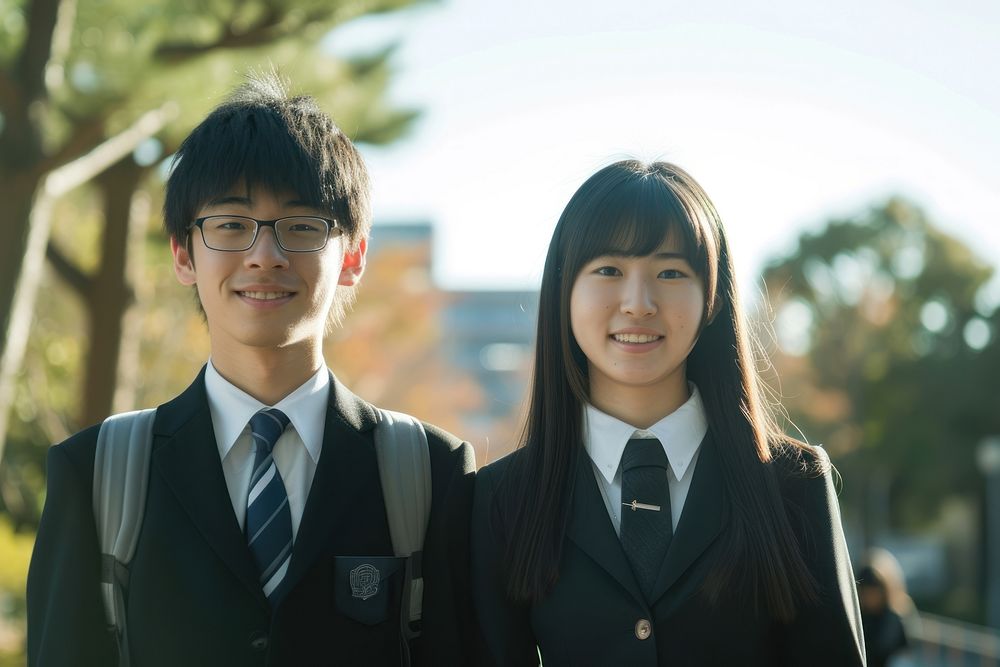 Photo of Japanese teenager couple portrait uniform happy.