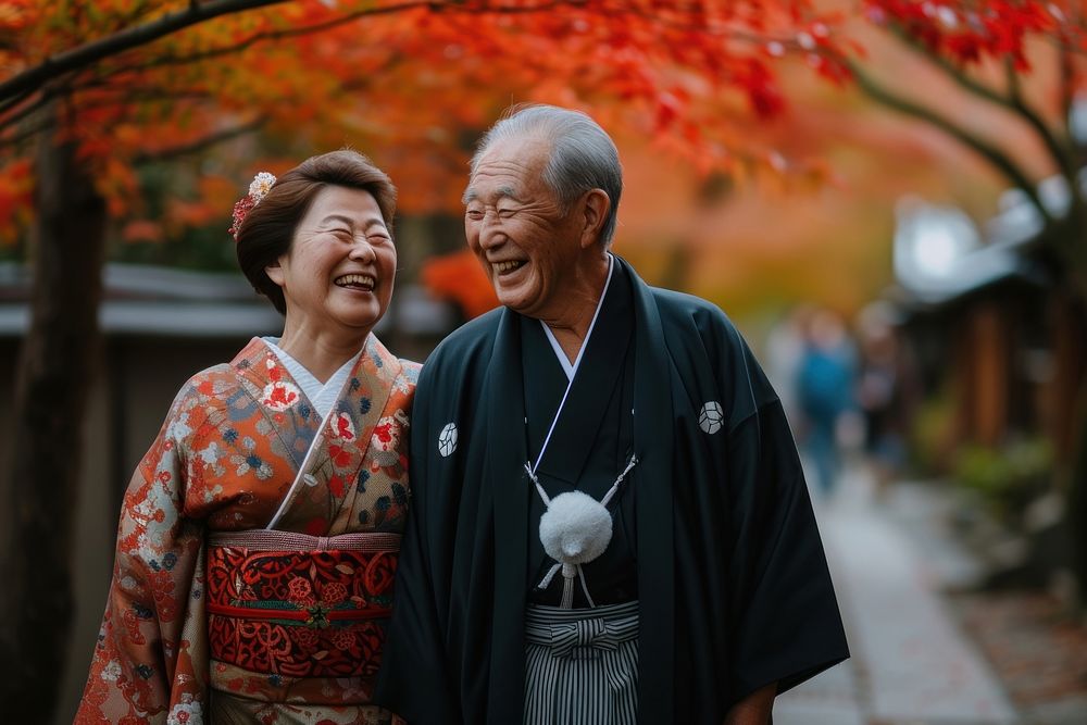 Photo of Japanese couple autumn adult happy.