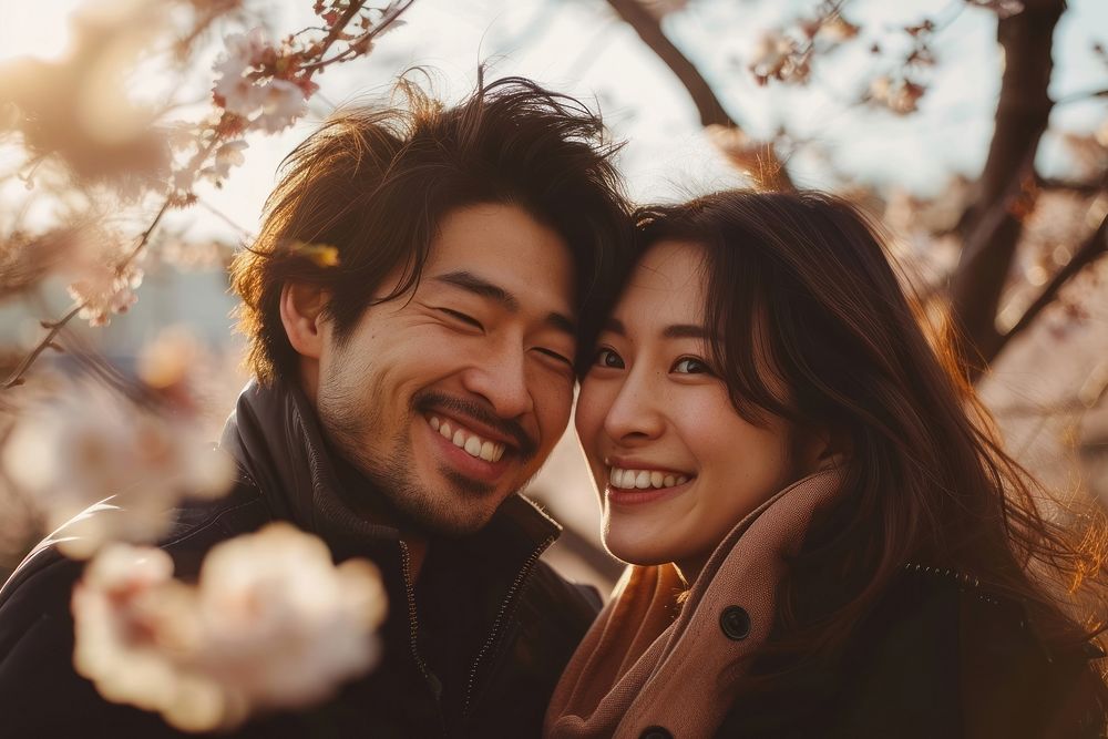 Photo of Japanese couple laughing adult happy.