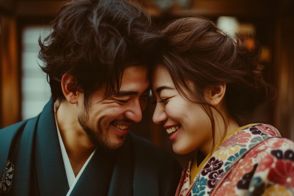 Photo of japanese couple adult bride happy.