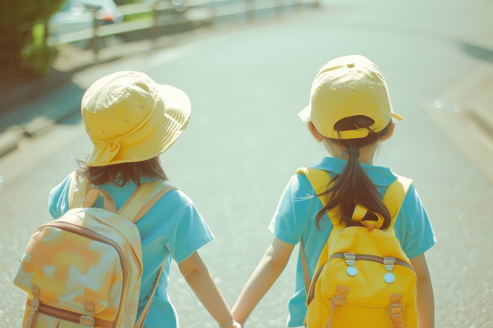 Photo of Japanese Kindergarten student couple walking yellow child.