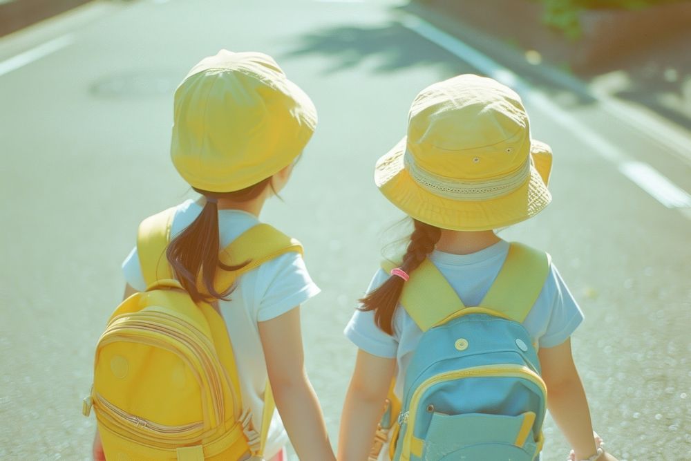 Photo of Japanese Kindergarten student couple yellow child hat.
