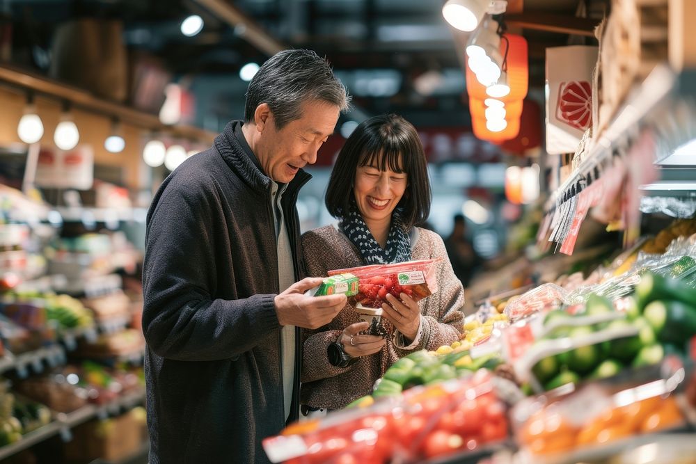 Photo of Japanese middle age couple market supermarket shopping.