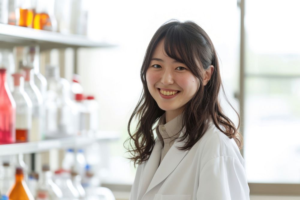 Japanese scientist working adult smile laboratory.