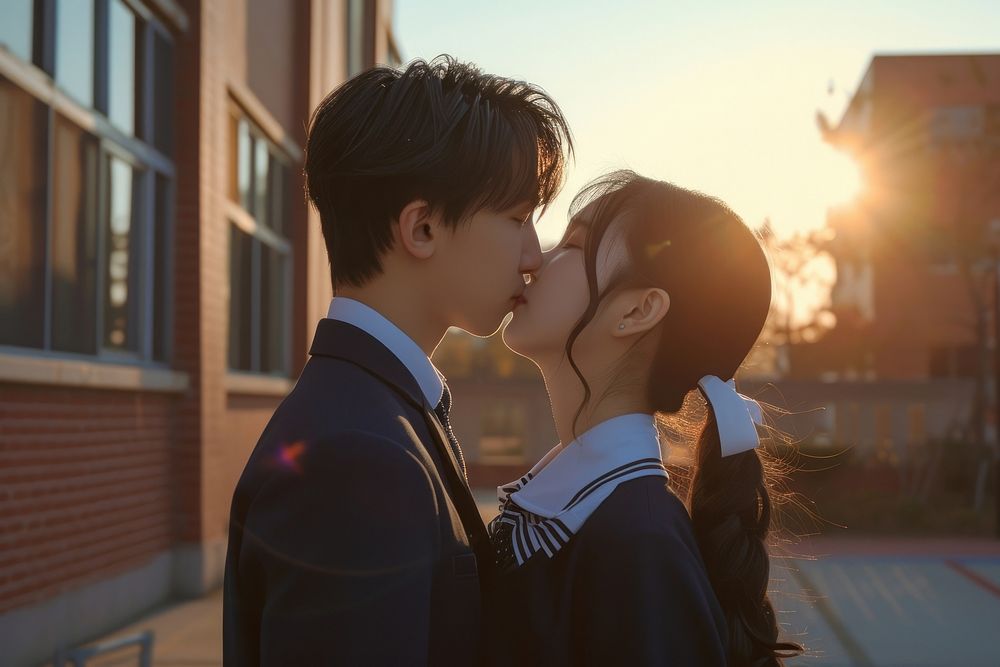 Photo of korean highschool student couple kissing outdoors portrait adult.