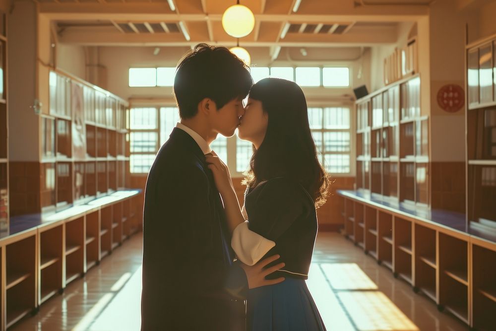 Photo of korean highschool student couple kissing adult love affectionate.