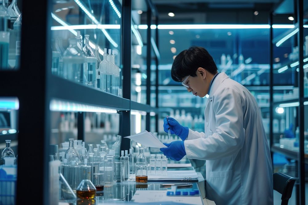 Korean scientist working laboratory adult concentration.