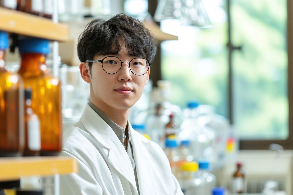 Korean scientist working glasses accessories laboratory.