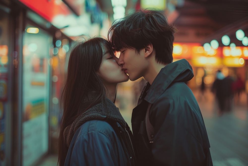 Photo of korean young adult couple kissing portrait love men.