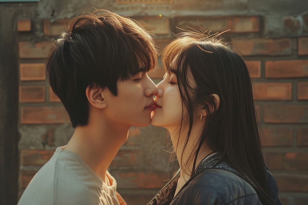 Photo of korean young adult couple kissing portrait love affectionate.