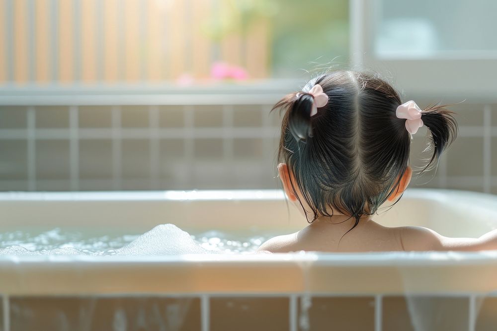 Photo of little asian kid in large tub bathtub jacuzzi bathing.