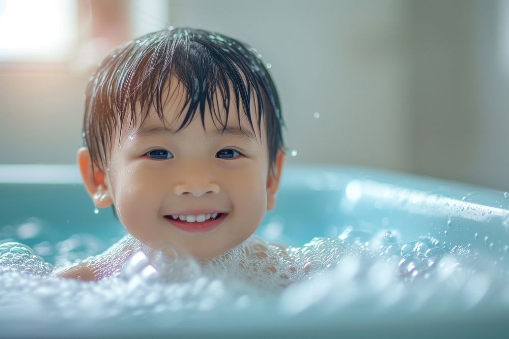 Photo of little asian kid in large tub swimming bathing bathtub.