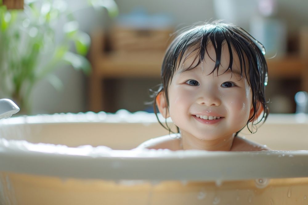 Photo of little asian kid in large tub photography portrait bathing.