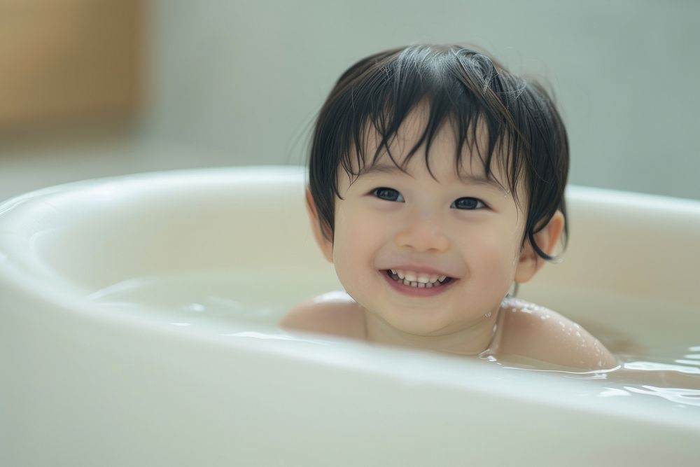 Photo of little asian kid in large tub bathing bathtub smile.