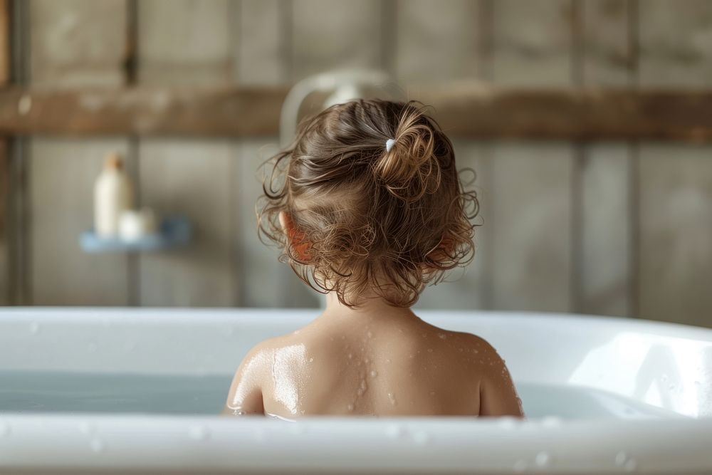Photo of little kid in large tub bathtub bathing back.