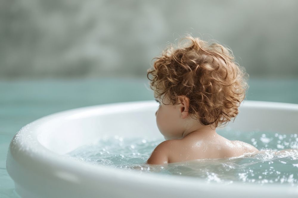 Photo of little kid in large tub bathtub jacuzzi bathing.