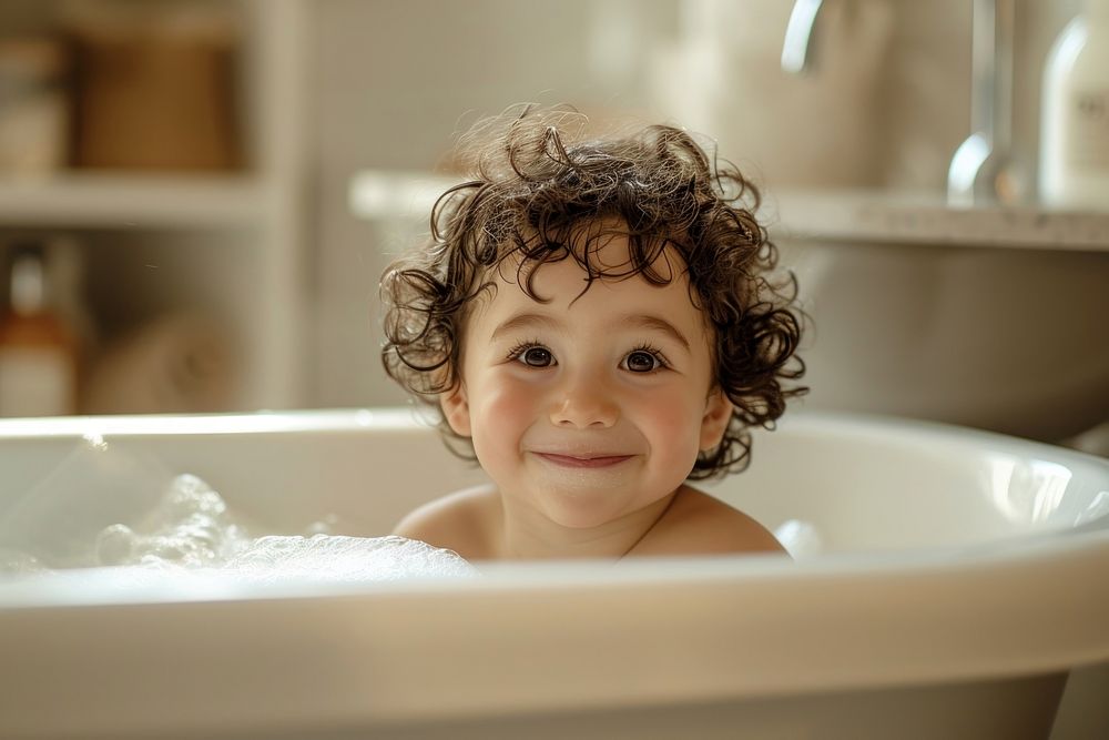 Photo of little kid in large tub photography portrait bathing.