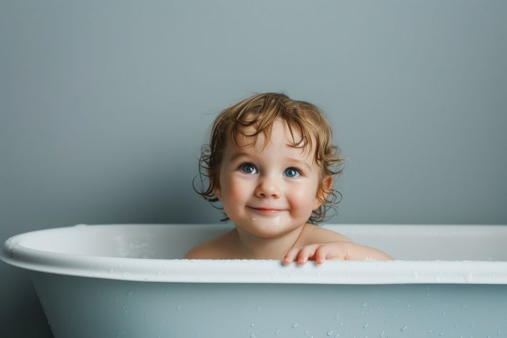 Photo of little kid in large tub photography portrait bathtub.