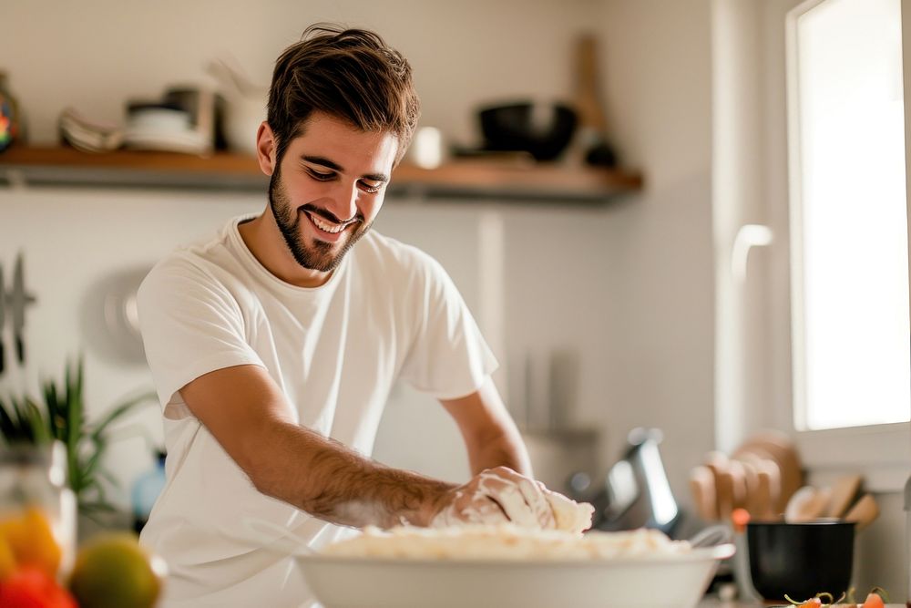 Man baking a cake smiling person adult.