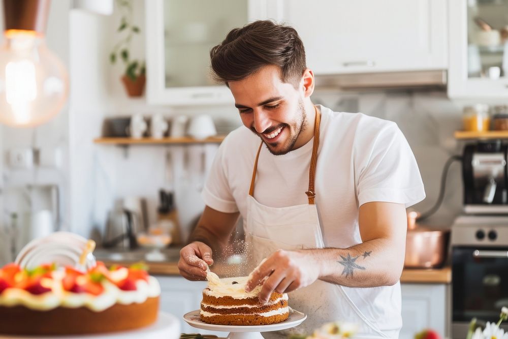 Man baking a cake dessert smiling person.