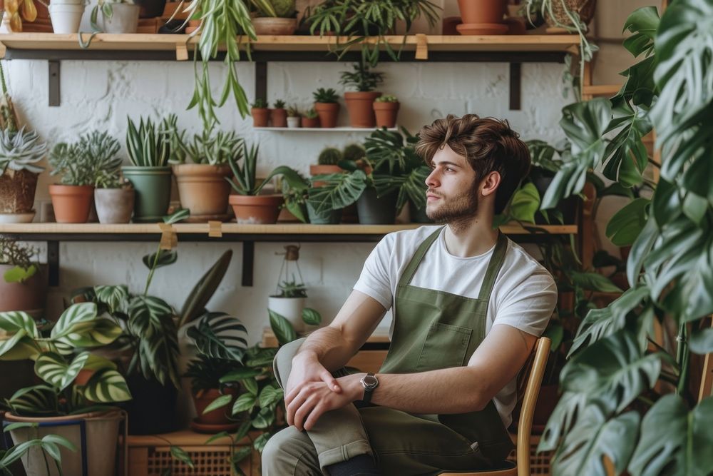 Man sit on a chair in front of shelf of potted plant sitting person apron.