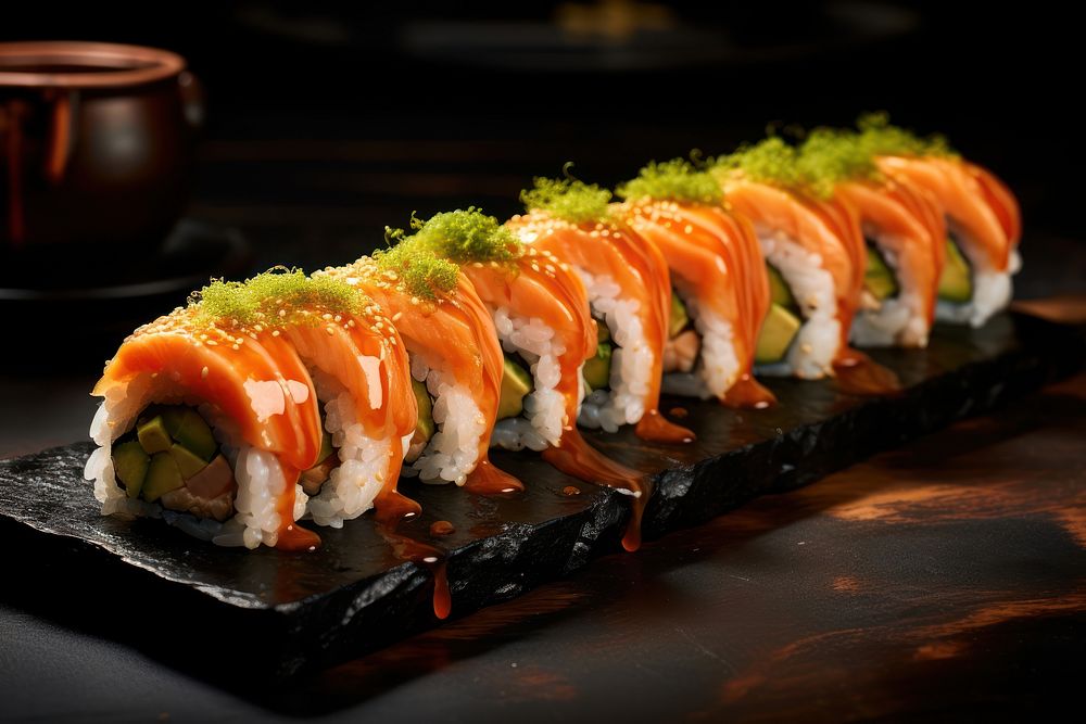 Maki sushi rolls seafood rice meal.