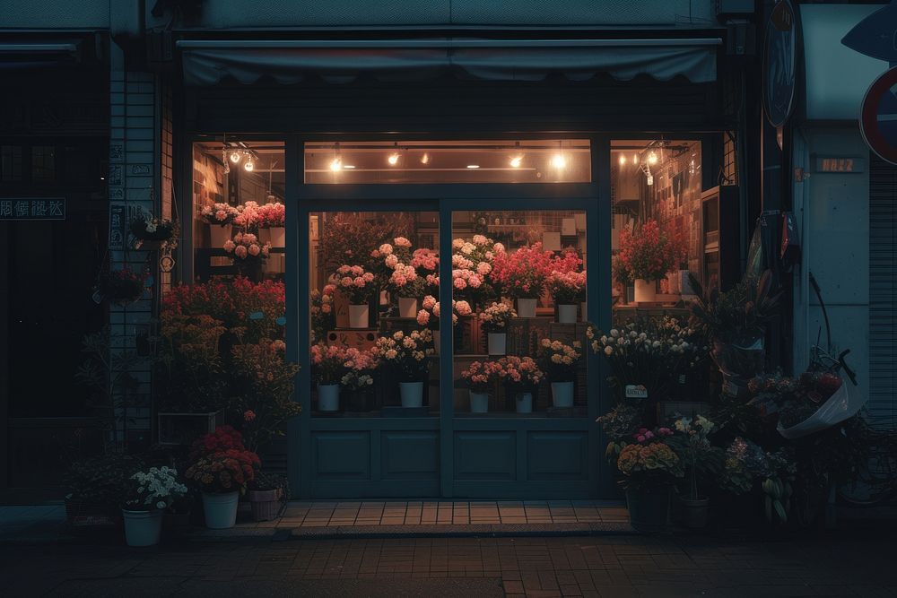 Minimal flower shop outside outdoors architecture illuminated.