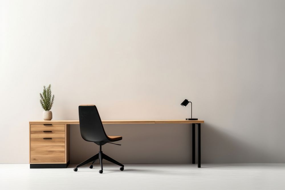 Minimal wooden office desk chair furniture table.