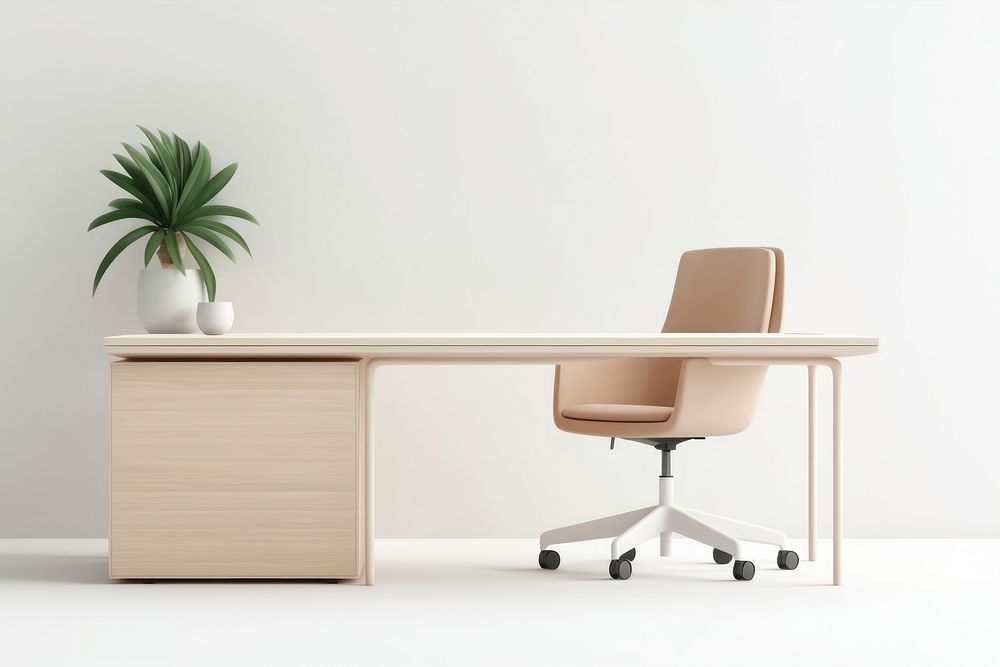 Minimal wooden office desk chair furniture table.
