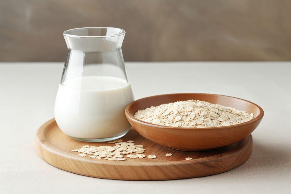 Oat milk glass with oatmeal wooden bowl food refreshment ingredient.