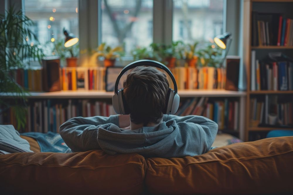 Photo of person listening music on sofa headphones headset architecture.
