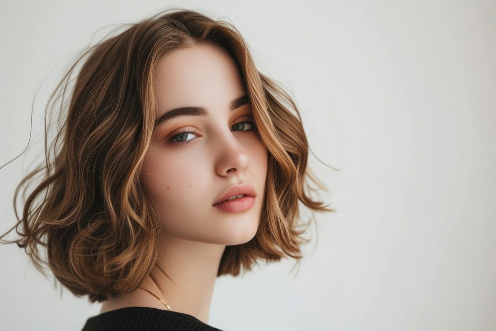 American young women wavy medium cut hair portrait photography fashion.