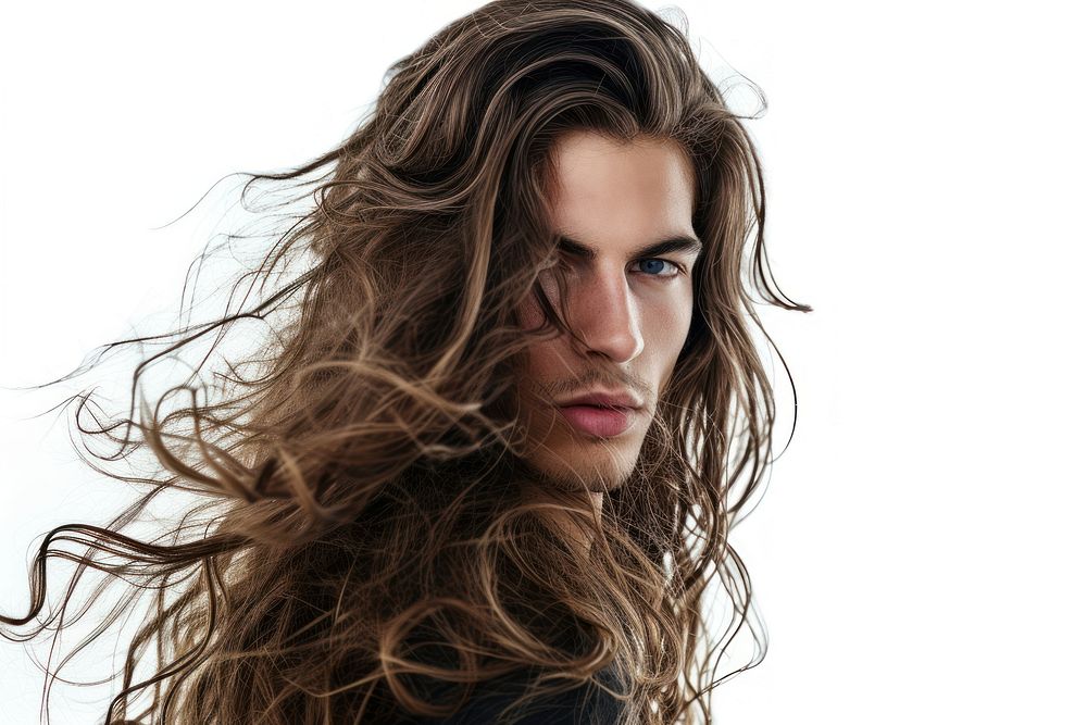 Brunette man with long wavy hair portrait photography fashion.