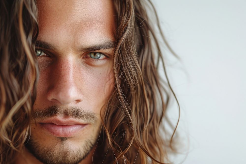 Brunette man with long wavy hair portrait skin photography.