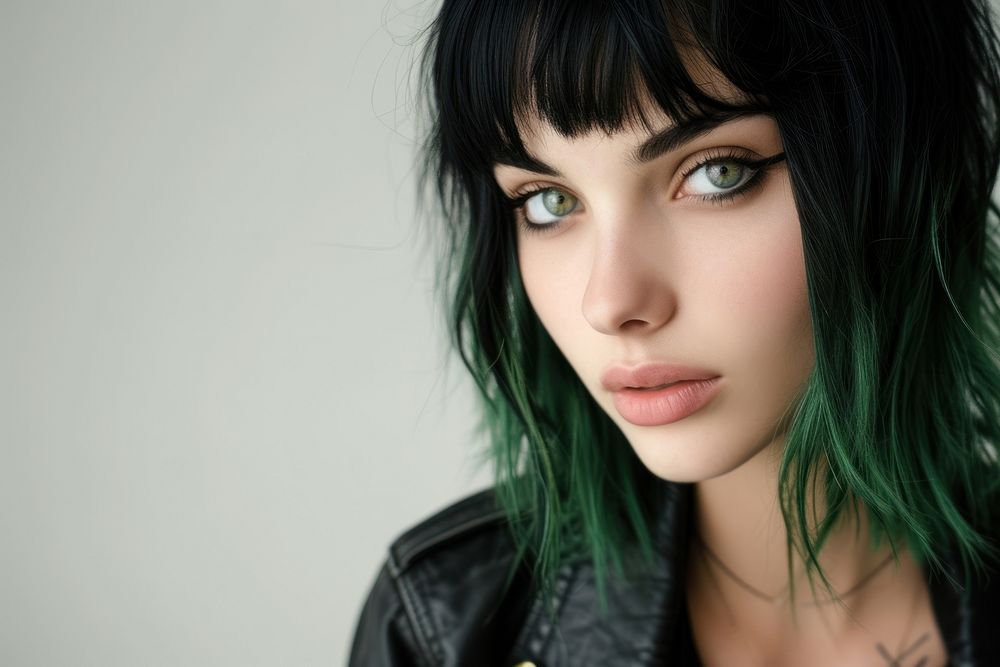 American young woman with vivid green black hair portrait photography fashion.