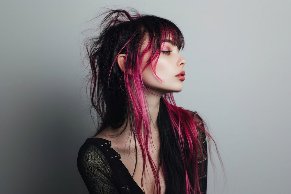 European young woman with pink black long wolf cut hair portrait fashion adult.