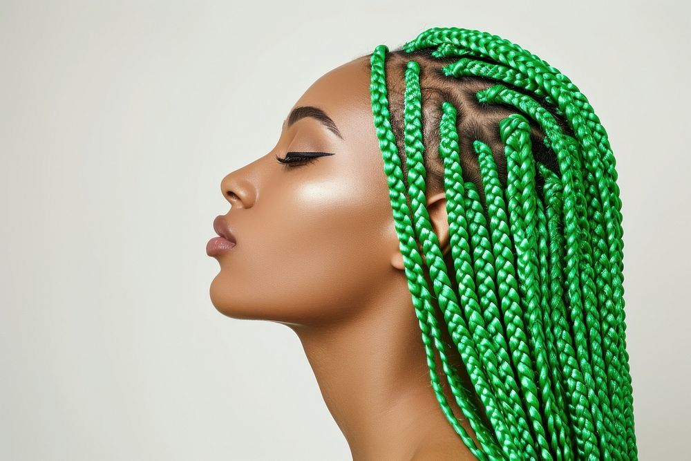 European young woman with vivid green black braids hair portrait fashion adult.