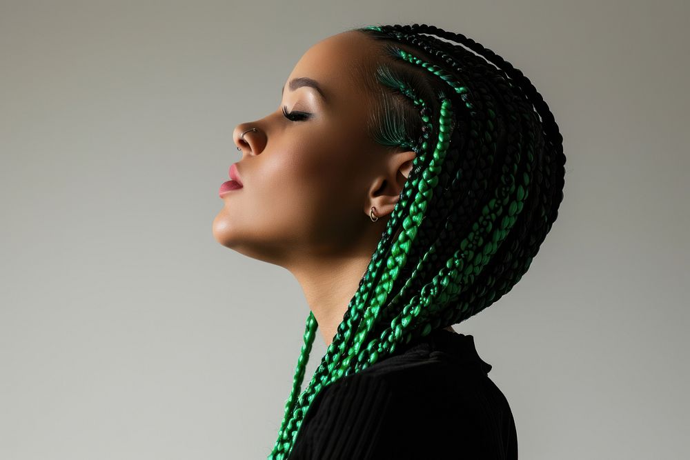 European young woman with vivid green black braids hair portrait fashion adult.