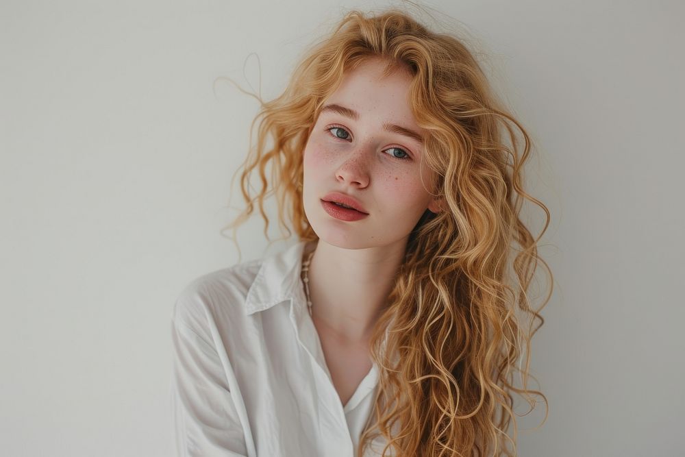 European young woman with blonde long coily hair portrait photography fashion.